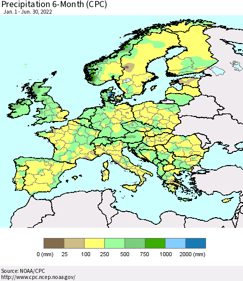 Europe Precipitation 6-Month (CPC) Thematic Map For 1/1/2022 - 6/30/2022