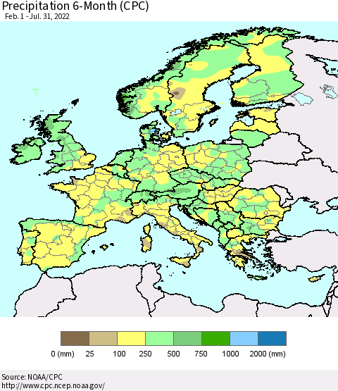 Europe Precipitation 6-Month (CPC) Thematic Map For 2/1/2022 - 7/31/2022