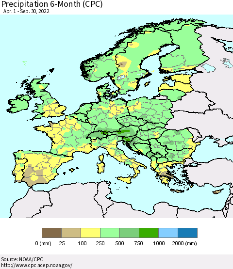 Europe Precipitation 6-Month (CPC) Thematic Map For 4/1/2022 - 9/30/2022
