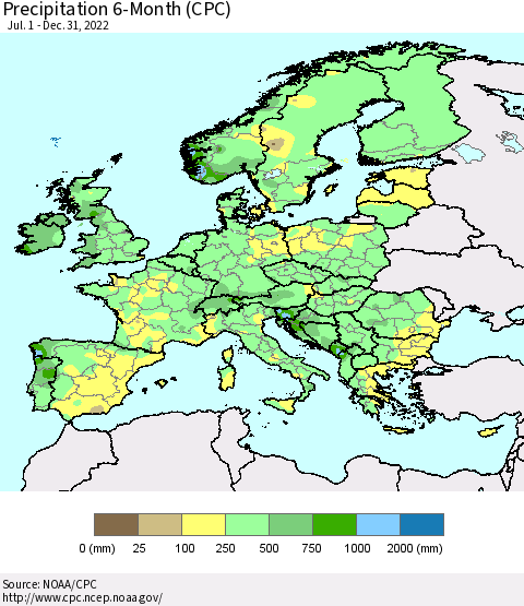 Europe Precipitation 6-Month (CPC) Thematic Map For 7/1/2022 - 12/31/2022