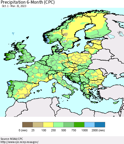 Europe Precipitation 6-Month (CPC) Thematic Map For 10/1/2022 - 3/31/2023