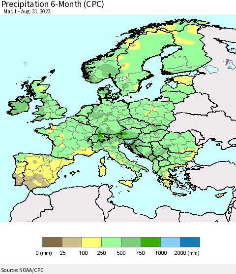 Europe Precipitation 6-Month (CPC) Thematic Map For 3/1/2023 - 8/31/2023