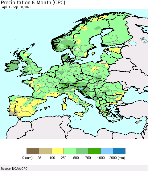 Europe Precipitation 6-Month (CPC) Thematic Map For 4/1/2023 - 9/30/2023