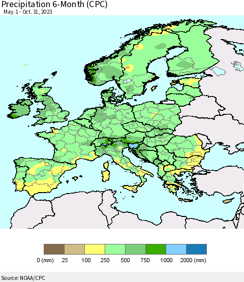 Europe Precipitation 6-Month (CPC) Thematic Map For 5/1/2023 - 10/31/2023