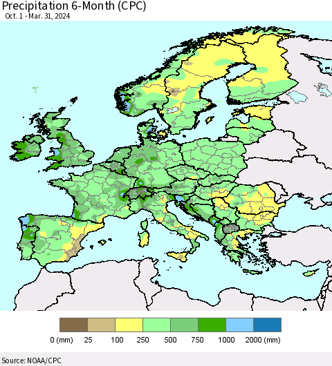 Europe Precipitation 6-Month (CPC) Thematic Map For 10/1/2023 - 3/31/2024