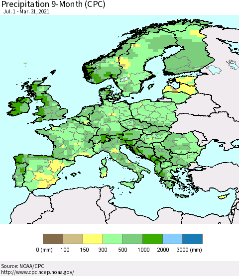 Europe Precipitation 9-Month (CPC) Thematic Map For 7/1/2020 - 3/31/2021