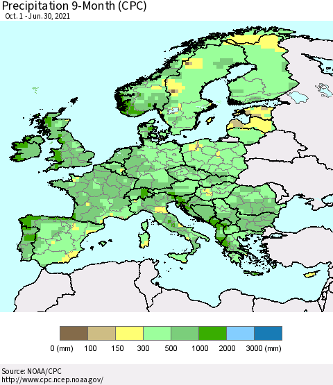 Europe Precipitation 9-Month (CPC) Thematic Map For 10/1/2020 - 6/30/2021