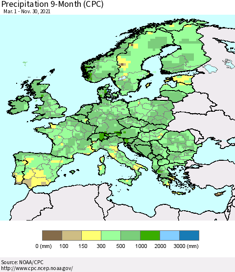 Europe Precipitation 9-Month (CPC) Thematic Map For 3/1/2021 - 11/30/2021