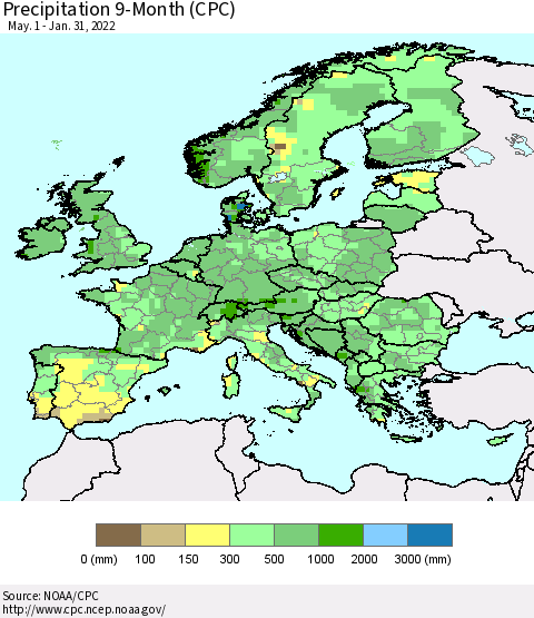 Europe Precipitation 9-Month (CPC) Thematic Map For 5/1/2021 - 1/31/2022