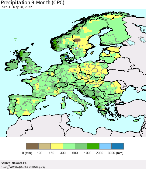 Europe Precipitation 9-Month (CPC) Thematic Map For 9/1/2021 - 5/31/2022