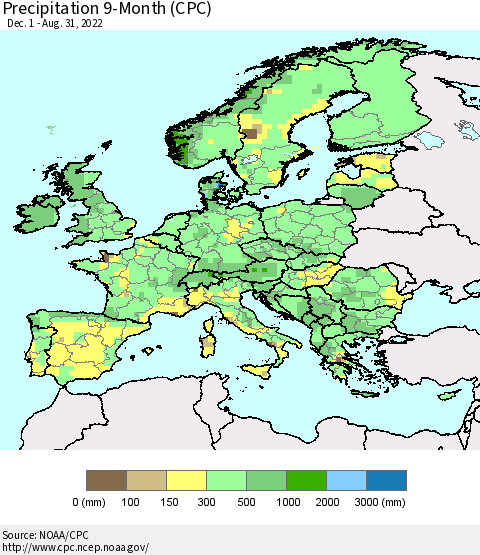 Europe Precipitation 9-Month (CPC) Thematic Map For 12/1/2021 - 8/31/2022