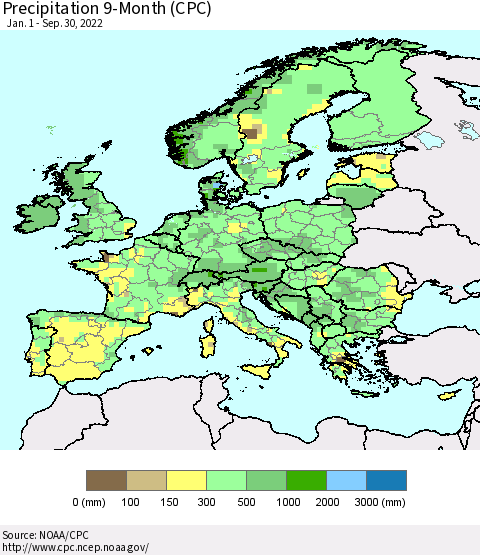 Europe Precipitation 9-Month (CPC) Thematic Map For 1/1/2022 - 9/30/2022