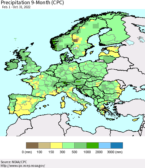 Europe Precipitation 9-Month (CPC) Thematic Map For 2/1/2022 - 10/31/2022