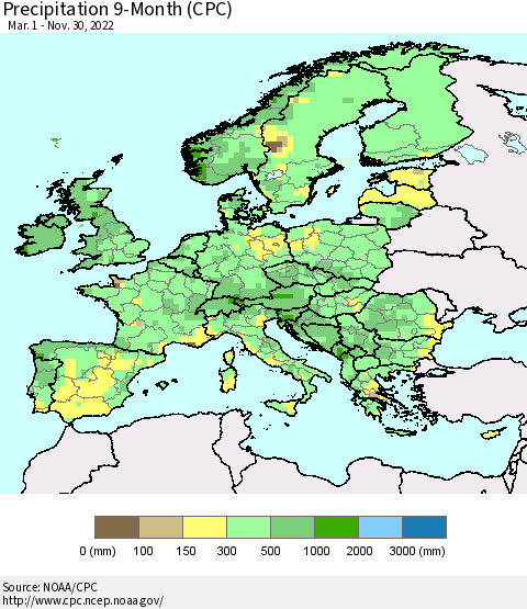 Europe Precipitation 9-Month (CPC) Thematic Map For 3/1/2022 - 11/30/2022