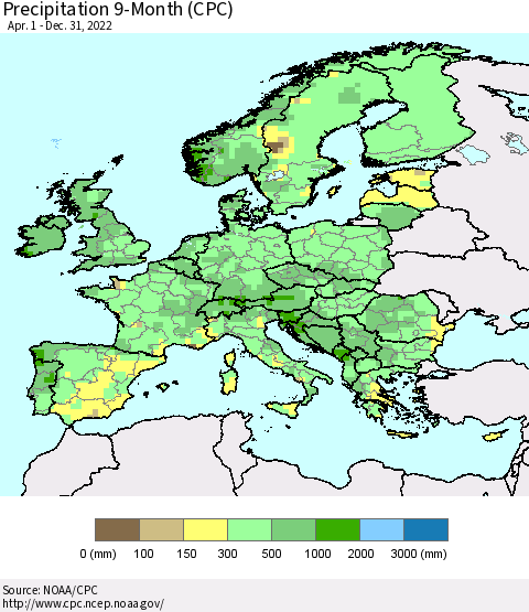 Europe Precipitation 9-Month (CPC) Thematic Map For 4/1/2022 - 12/31/2022
