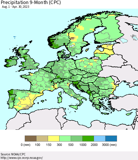 Europe Precipitation 9-Month (CPC) Thematic Map For 8/1/2022 - 4/30/2023