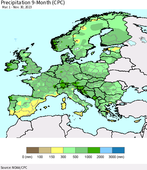 Europe Precipitation 9-Month (CPC) Thematic Map For 3/1/2023 - 11/30/2023
