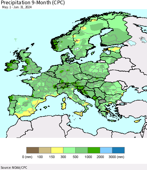 Europe Precipitation 9-Month (CPC) Thematic Map For 5/1/2023 - 1/31/2024