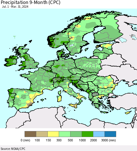 Europe Precipitation 9-Month (CPC) Thematic Map For 7/1/2023 - 3/31/2024