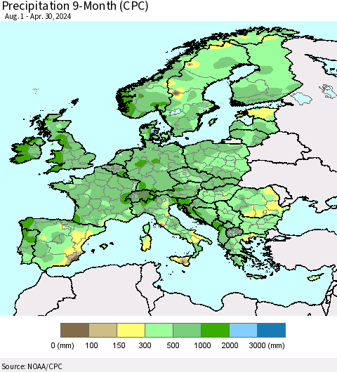 Europe Precipitation 9-Month (CPC) Thematic Map For 8/1/2023 - 4/30/2024