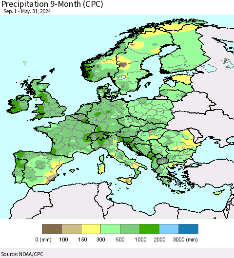 Europe Precipitation 9-Month (CPC) Thematic Map For 9/1/2023 - 5/31/2024