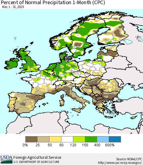 Europe Percent of Normal Precipitation 1-Month (CPC) Thematic Map For 3/1/2019 - 3/31/2019