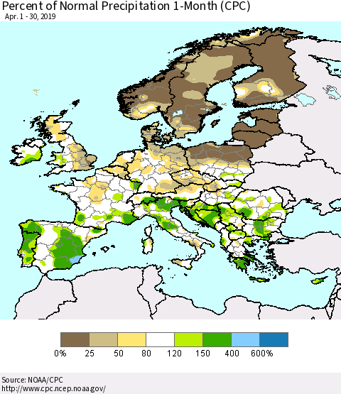 Europe Percent of Normal Precipitation 1-Month (CPC) Thematic Map For 4/1/2019 - 4/30/2019