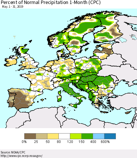 Europe Percent of Normal Precipitation 1-Month (CPC) Thematic Map For 5/1/2019 - 5/31/2019
