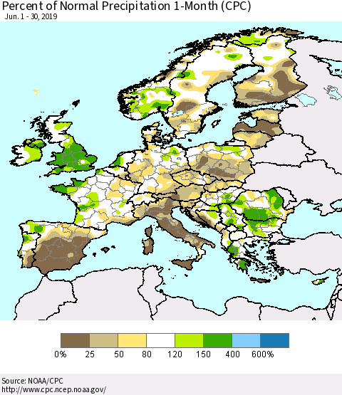 Europe Percent of Normal Precipitation 1-Month (CPC) Thematic Map For 6/1/2019 - 6/30/2019