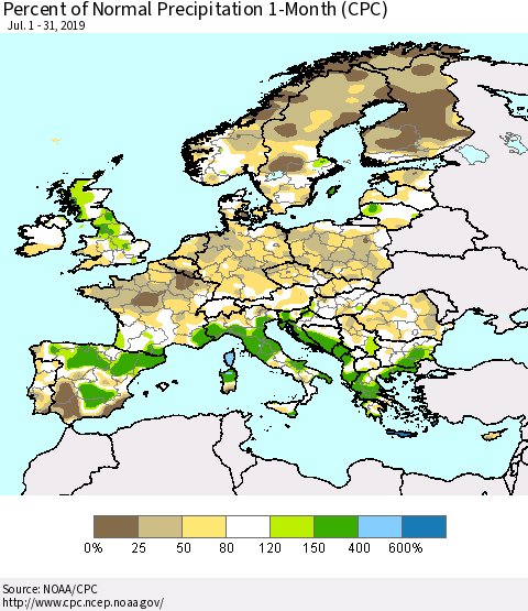 Europe Percent of Normal Precipitation 1-Month (CPC) Thematic Map For 7/1/2019 - 7/31/2019