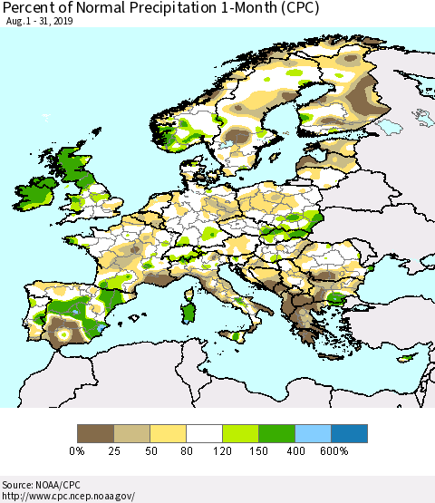 Europe Percent of Normal Precipitation 1-Month (CPC) Thematic Map For 8/1/2019 - 8/31/2019