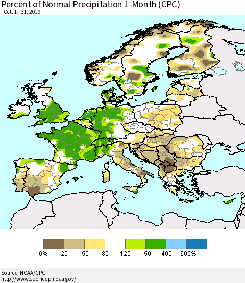 Europe Percent of Normal Precipitation 1-Month (CPC) Thematic Map For 10/1/2019 - 10/31/2019
