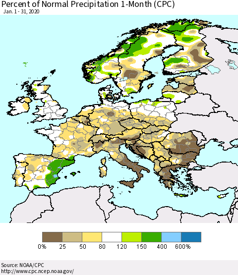 Europe Percent of Normal Precipitation 1-Month (CPC) Thematic Map For 1/1/2020 - 1/31/2020