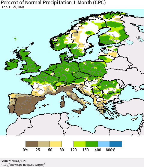 Europe Percent of Normal Precipitation 1-Month (CPC) Thematic Map For 2/1/2020 - 2/29/2020