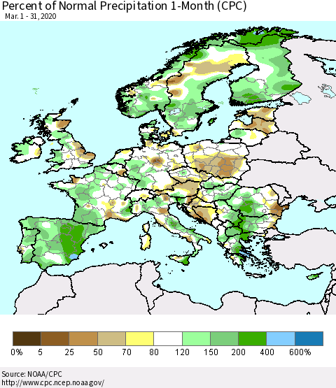 Europe Percent of Normal Precipitation 1-Month (CPC) Thematic Map For 3/1/2020 - 3/31/2020