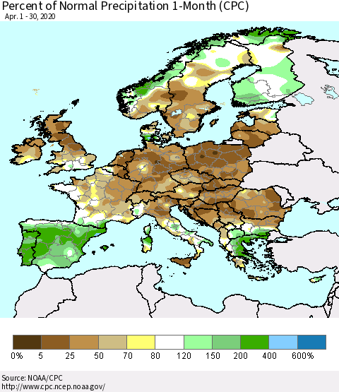 Europe Percent of Normal Precipitation 1-Month (CPC) Thematic Map For 4/1/2020 - 4/30/2020
