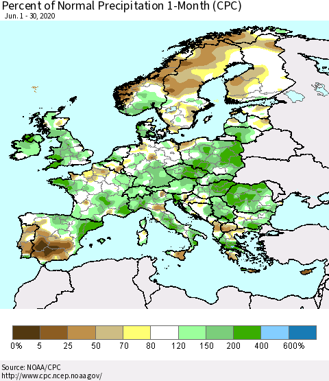 Europe Percent of Normal Precipitation 1-Month (CPC) Thematic Map For 6/1/2020 - 6/30/2020