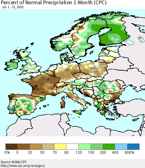 Europe Percent of Normal Precipitation 1-Month (CPC) Thematic Map For 7/1/2020 - 7/31/2020