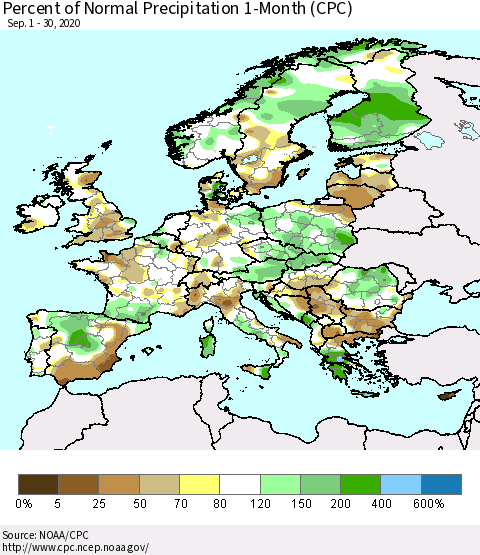 Europe Percent of Normal Precipitation 1-Month (CPC) Thematic Map For 9/1/2020 - 9/30/2020