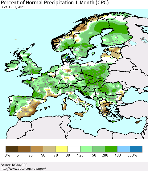 Europe Percent of Normal Precipitation 1-Month (CPC) Thematic Map For 10/1/2020 - 10/31/2020
