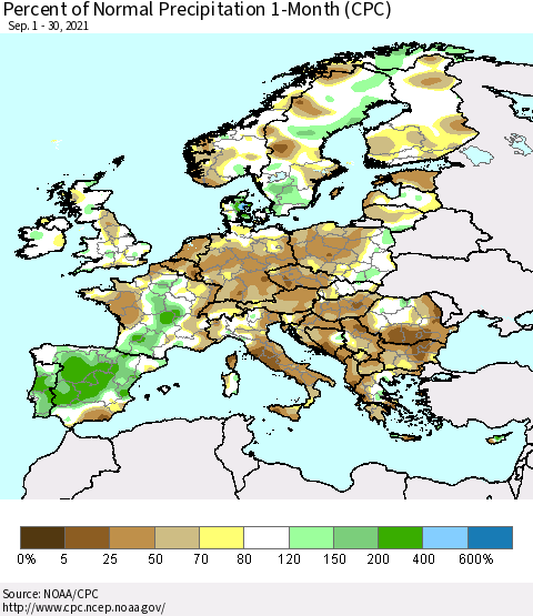Europe Percent of Normal Precipitation 1-Month (CPC) Thematic Map For 9/1/2021 - 9/30/2021