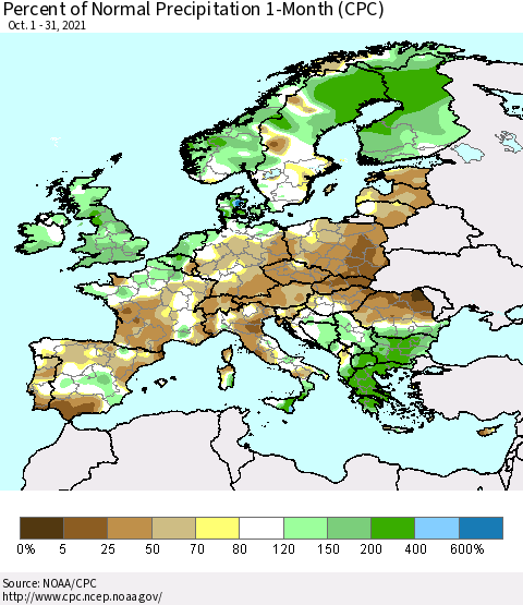 Europe Percent of Normal Precipitation 1-Month (CPC) Thematic Map For 10/1/2021 - 10/31/2021