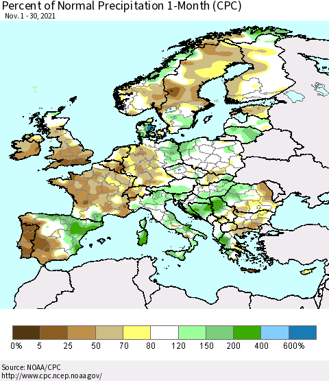 Europe Percent of Normal Precipitation 1-Month (CPC) Thematic Map For 11/1/2021 - 11/30/2021