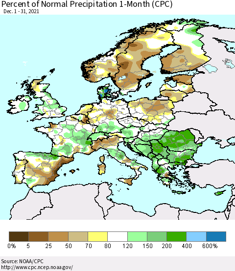 Europe Percent of Normal Precipitation 1-Month (CPC) Thematic Map For 12/1/2021 - 12/31/2021