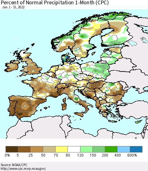 Europe Percent of Normal Precipitation 1-Month (CPC) Thematic Map For 1/1/2022 - 1/31/2022