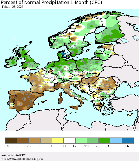 Europe Percent of Normal Precipitation 1-Month (CPC) Thematic Map For 2/1/2022 - 2/28/2022