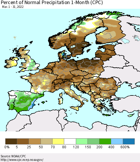Europe Percent of Normal Precipitation 1-Month (CPC) Thematic Map For 3/1/2022 - 3/31/2022