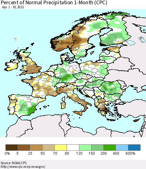 Europe Percent of Normal Precipitation 1-Month (CPC) Thematic Map For 4/1/2022 - 4/30/2022
