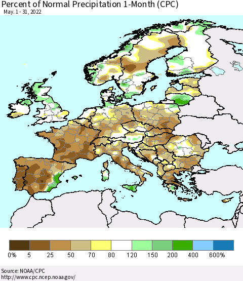 Europe Percent of Normal Precipitation 1-Month (CPC) Thematic Map For 5/1/2022 - 5/31/2022