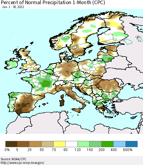 Europe Percent of Normal Precipitation 1-Month (CPC) Thematic Map For 6/1/2022 - 6/30/2022